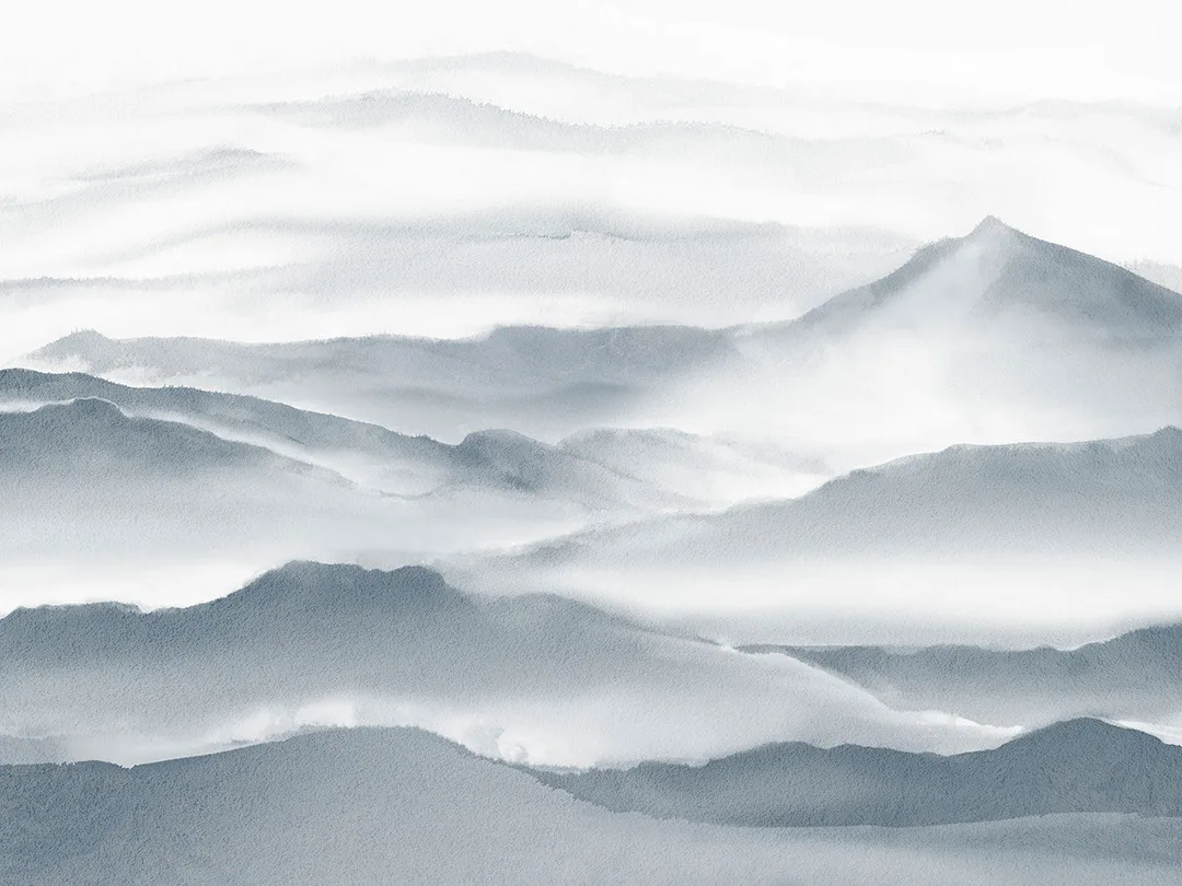 Watercolor blue mountains in the fog wall mural