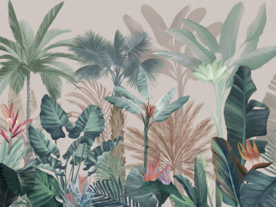 Tropical botanical leaves and palm trees in pastel colors wall mural on the gray background