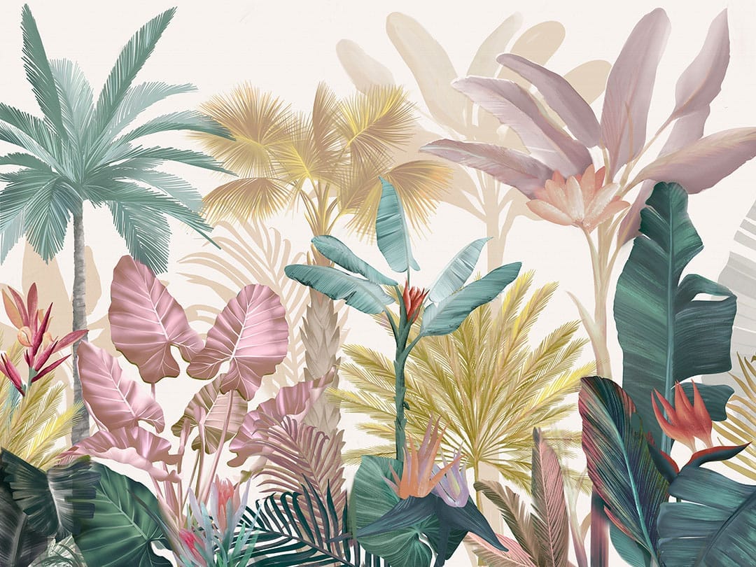 Tropical botanical leaves and palm trees in pastel colors wall mural on the white background