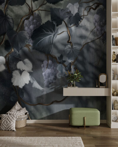 Wall mural for the living room with bunches of grapes, vines, and leaves.