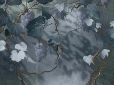 Wall mural with bunches of grapes, vines, and leaves in blue colors