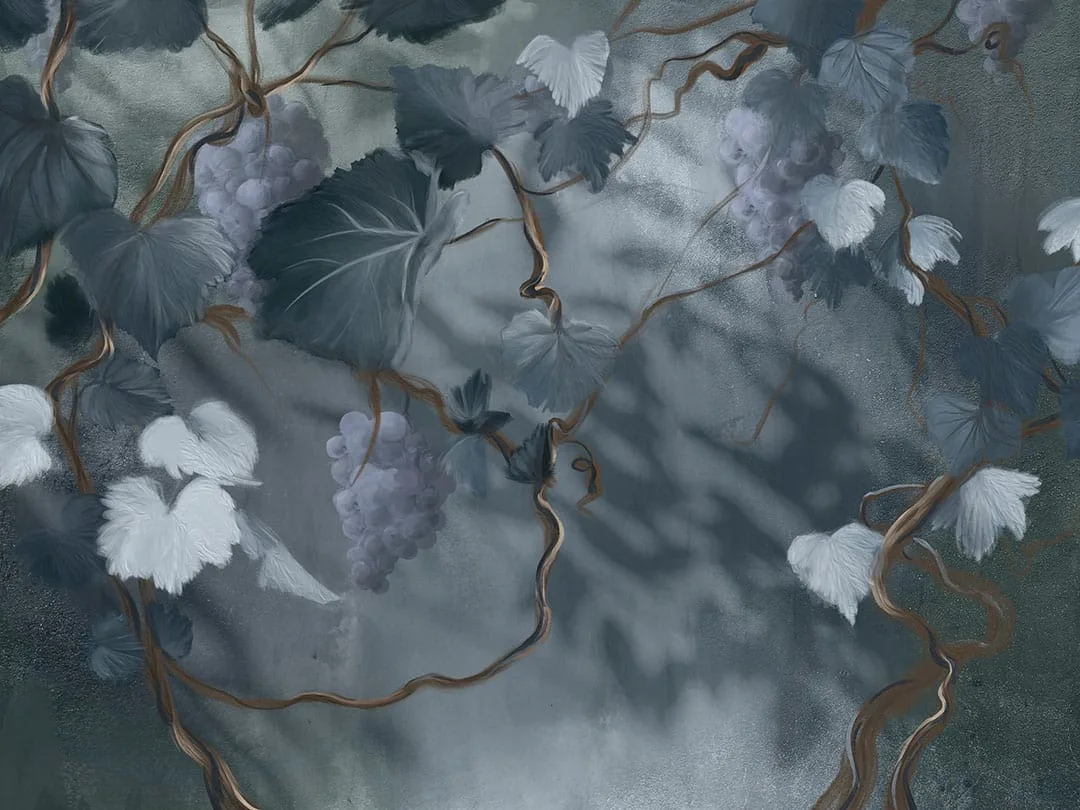 Wall mural with bunches of grapes, vines, and leaves in blue colors