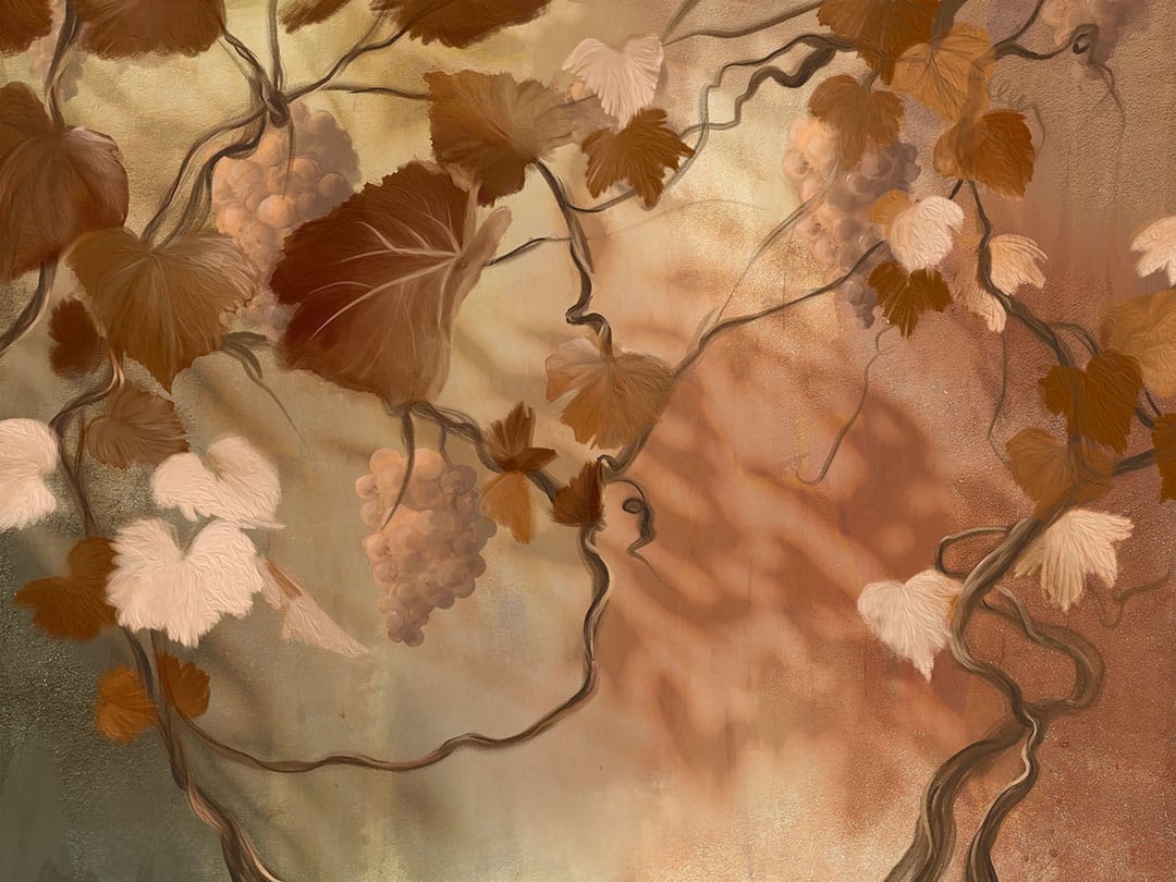 Wall mural with bunches of grapes, vines, and leaves in orange colors
