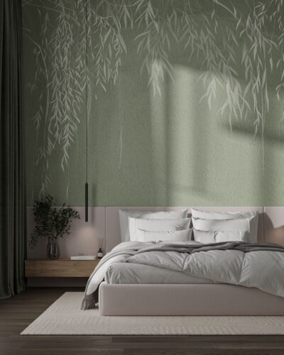 Wall mural for the bedroom with fragile white branches and leaves on a concrete wall