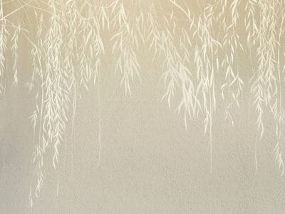 Wall mural fragile white branches with leaves on a light concrete wall