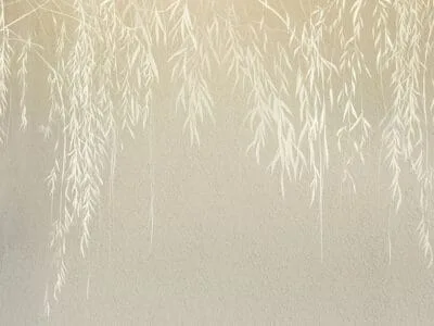Wall mural fragile white branches with leaves on a light concrete wall