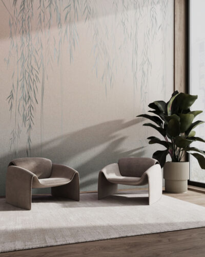 Wall mural for the living room with fragile blue branches and leaves on a concrete wall