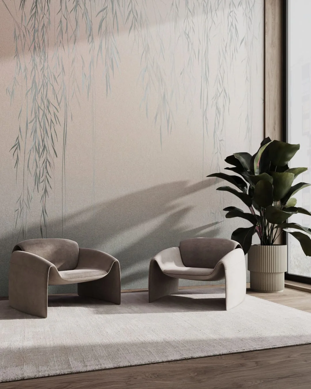 Wall Mural Freja for the living room - kith2kin.com Wall mural for the living room with fragile blue branches and leaves on a concrete wall