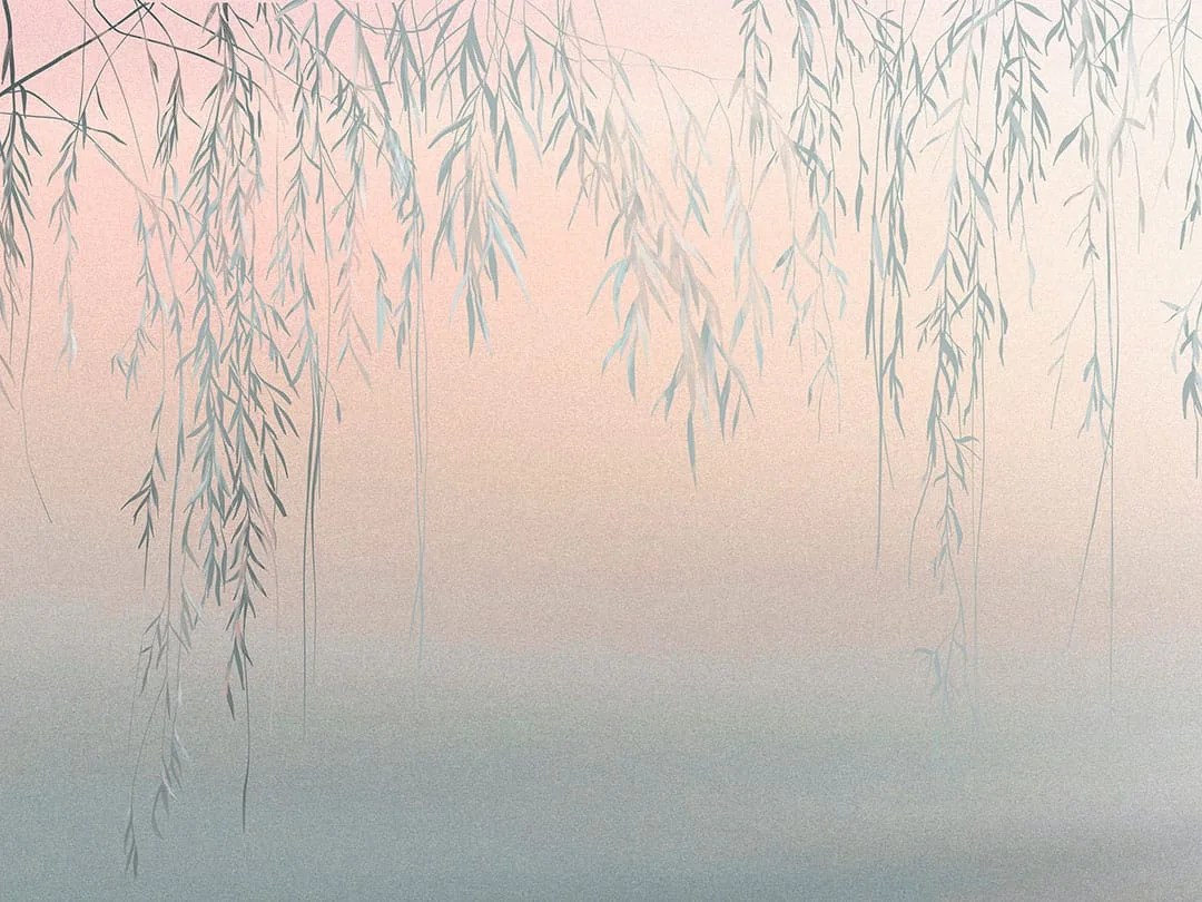 Wall mural fragile blue branches with leaves on a gradient concrete wall