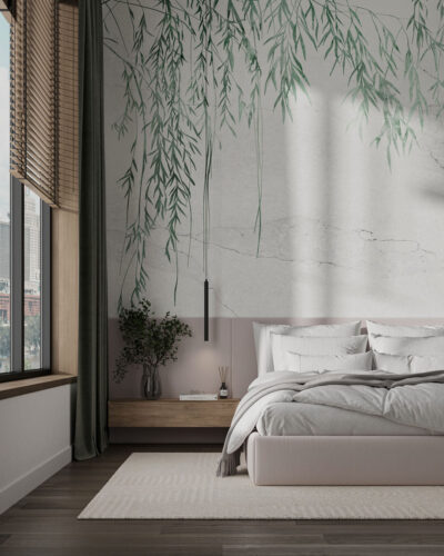 Wall mural for the bedroom with fragile green branches and leaves on a concrete wall