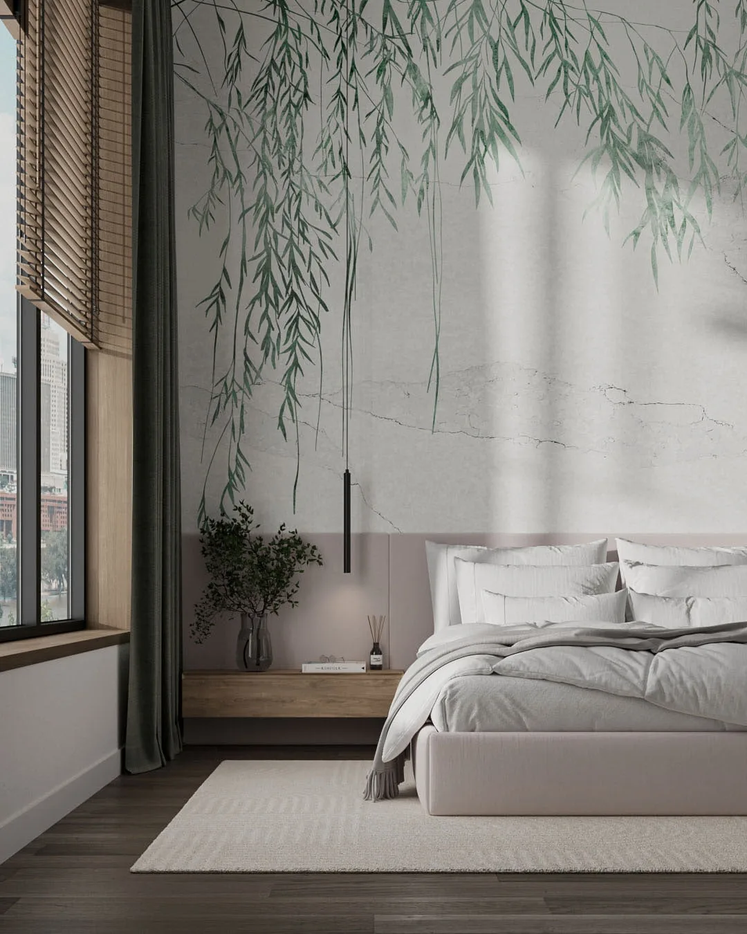 Wall Mural Elin for the bedroom - kith2kin.com Wall mural for the bedroom with fragile green branches and leaves on a concrete wall
