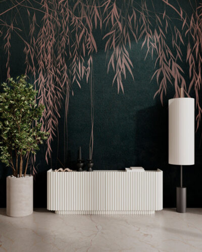 Wall mural for the living room with fragile pink branches and leaves on a concrete wall