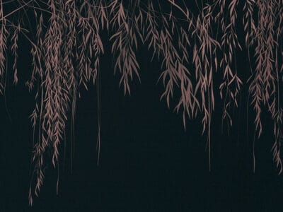 Wall mural fragile pink branches with leaves on a dark concrete wall