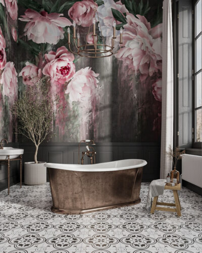 Wall mural lush peonies on a dark background for the bathroom