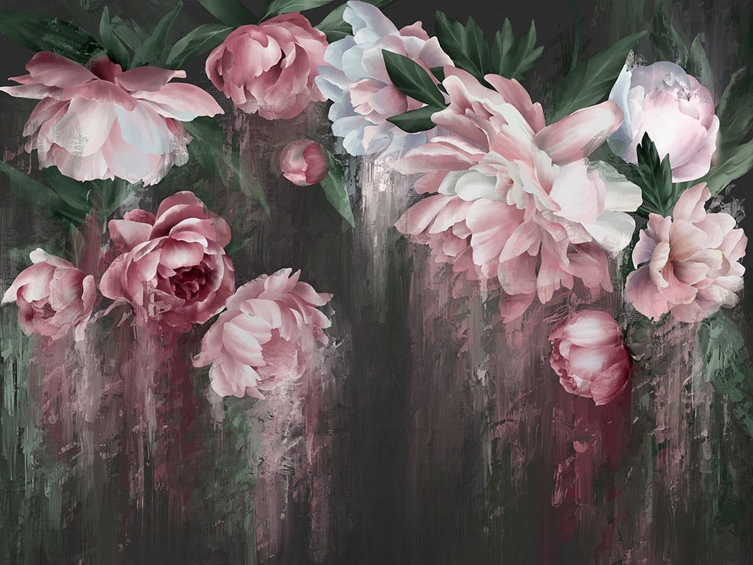 Wall mural lush peonies on a dark background