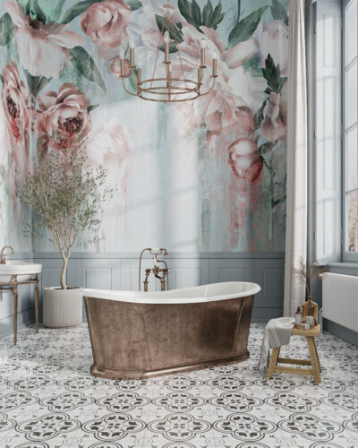 Wall mural lush peonies on a light background for the bathroom