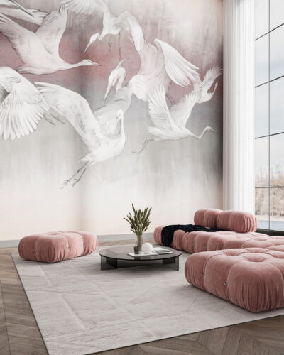 Wall mural flock of cranes in flight for the living room