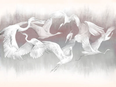 Wall mural flock of cranes in flight on the light pink background