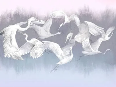 Wall mural flock of cranes in flight on the light blue background