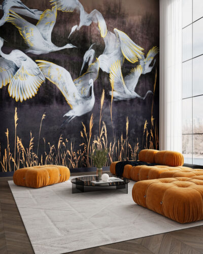 Wall mural for the living room with a flock of cranes over a golden field