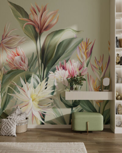 Wall mural for the living room with delicate tropical flowers on a light background