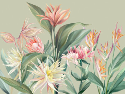 Wall mural with delicate tropical flowers on a light green background