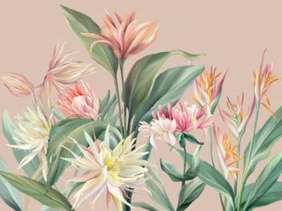 Wall mural with delicate tropical flowers on a light pink background
