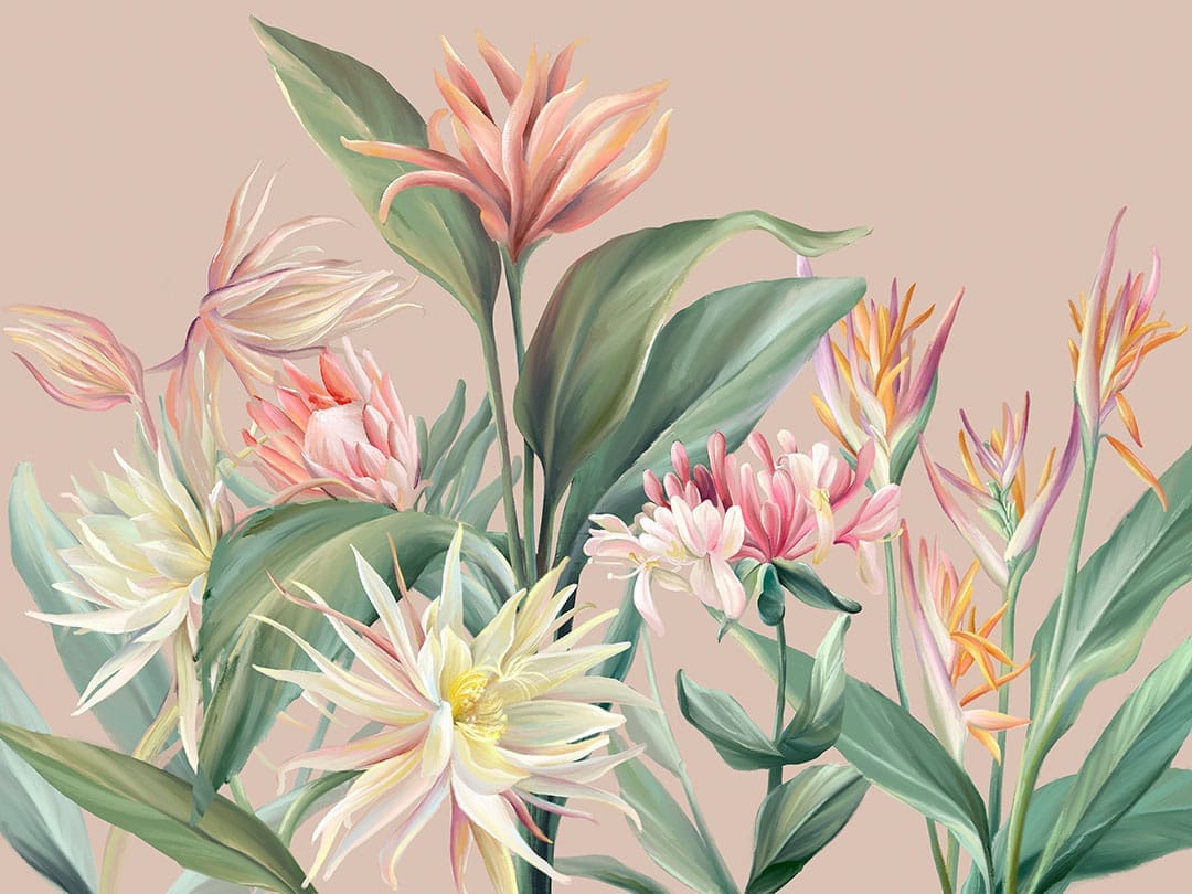 Wall mural with delicate tropical flowers on a light pink background