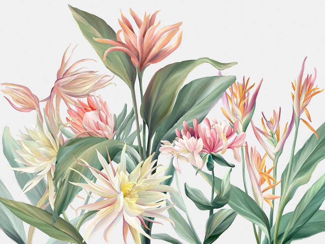 Wall mural with delicate tropical flowers on a light background