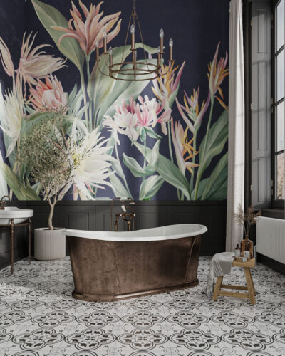 Wall mural for the bathroom with delicate tropical flowers on a dark background