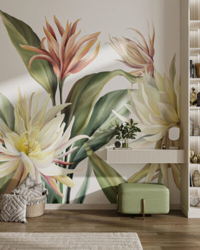 Wall mural for the living room with delicate tropical flowers and leaves