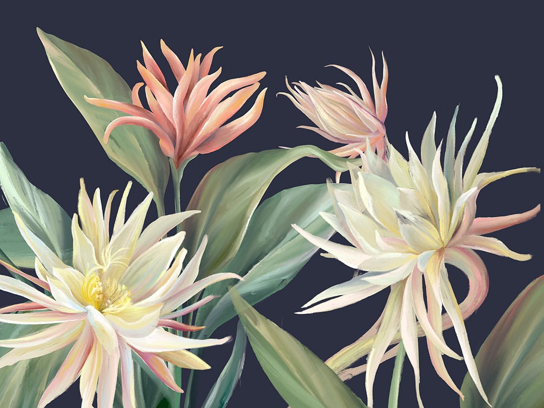 Wall mural with delicate tropical flowers and leaves on the navy blue background