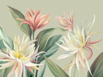Wall mural with delicate tropical flowers and leaves on the green background