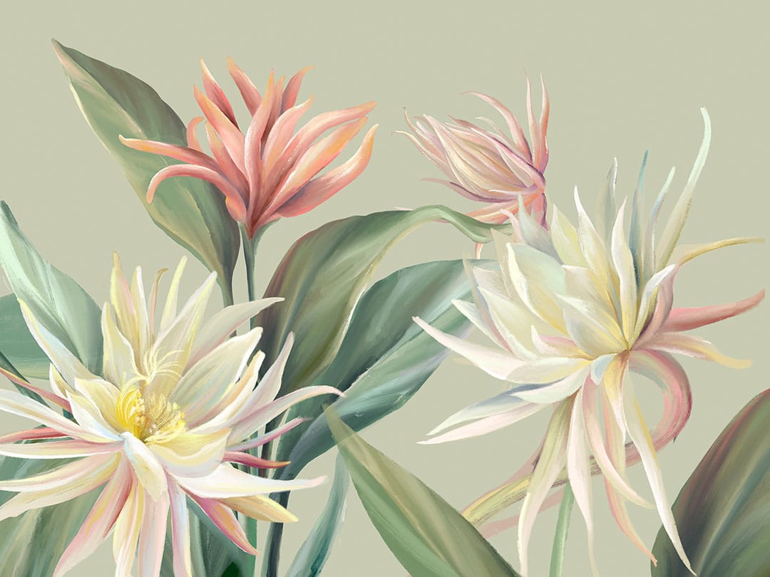 Wall mural with delicate tropical flowers and leaves on the green background