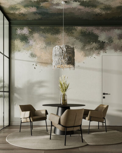 Wall mural for the dining room with painted green tree branches