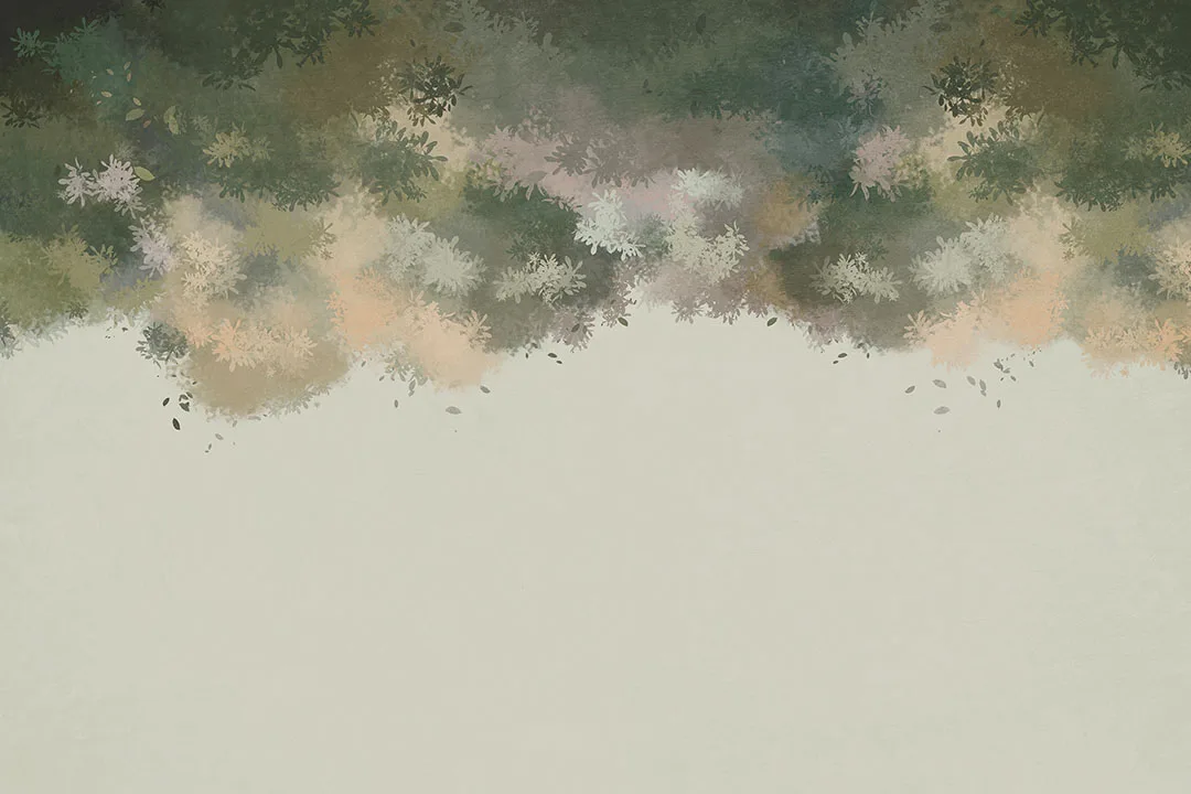 Wall mural with painted green tree branches on the gray background
