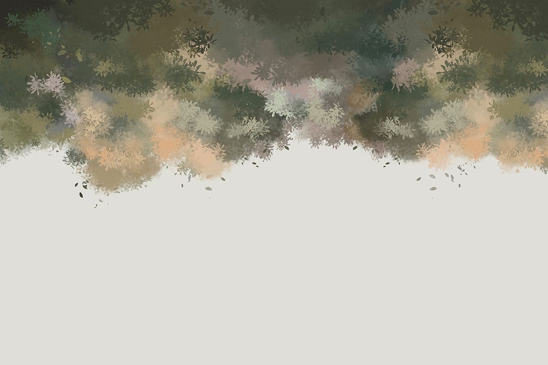 Wall mural with painted green tree branches on the white background
