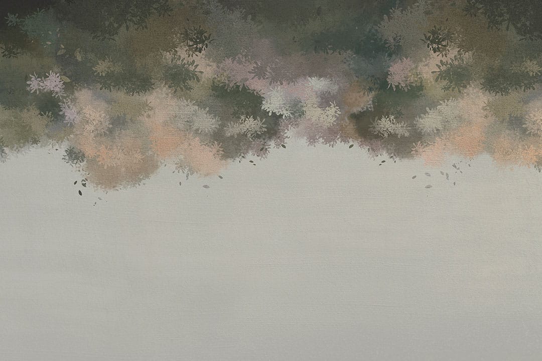 Wall mural with painted green tree branches on the textured background