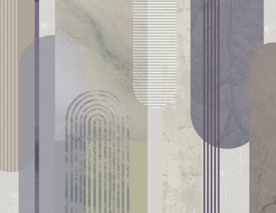Wall mural with gray and blue textured geometric arches