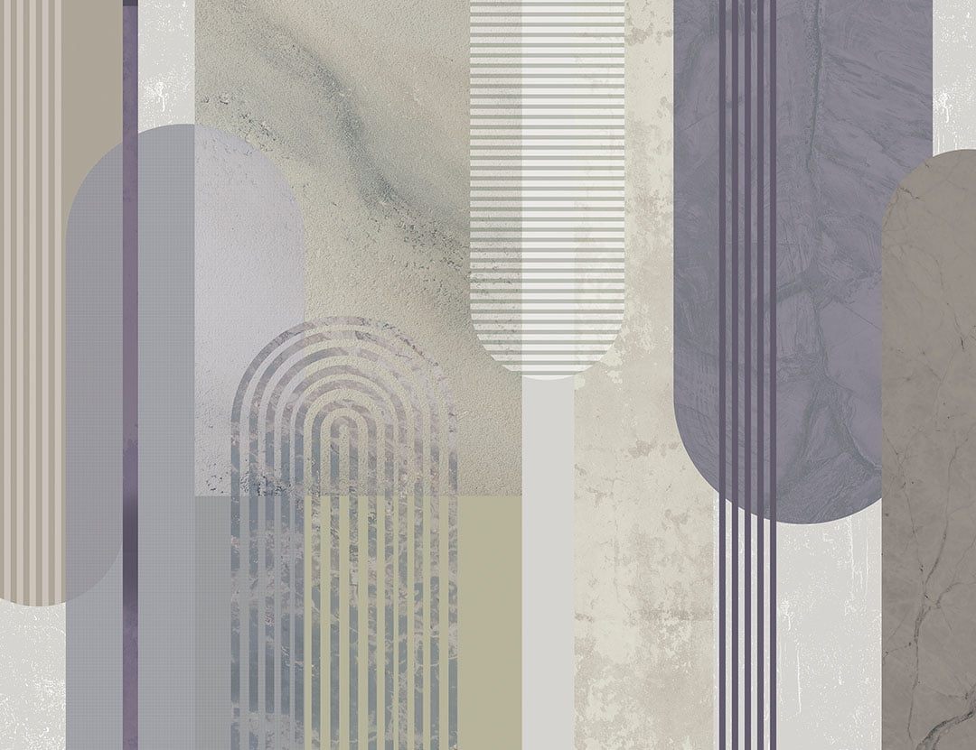 Wall mural with gray and blue textured geometric arches