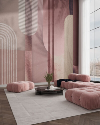 Wall mural for the living room with textured pink geometric arches