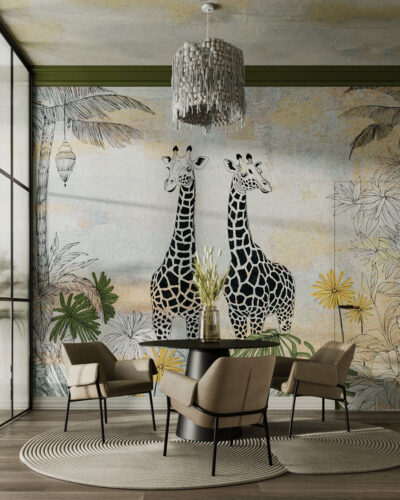 Wall mural graphic giraffes in the jungle for the dining room