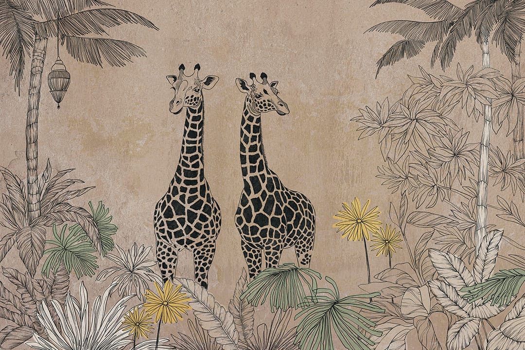 Wall mural graphic giraffes in the jungle on the beige background