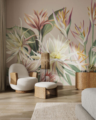 Wall mural with delicate tropical flowers for living room