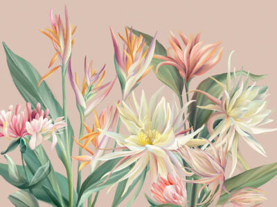 Wall mural with delicate tropical flowers on the pink background