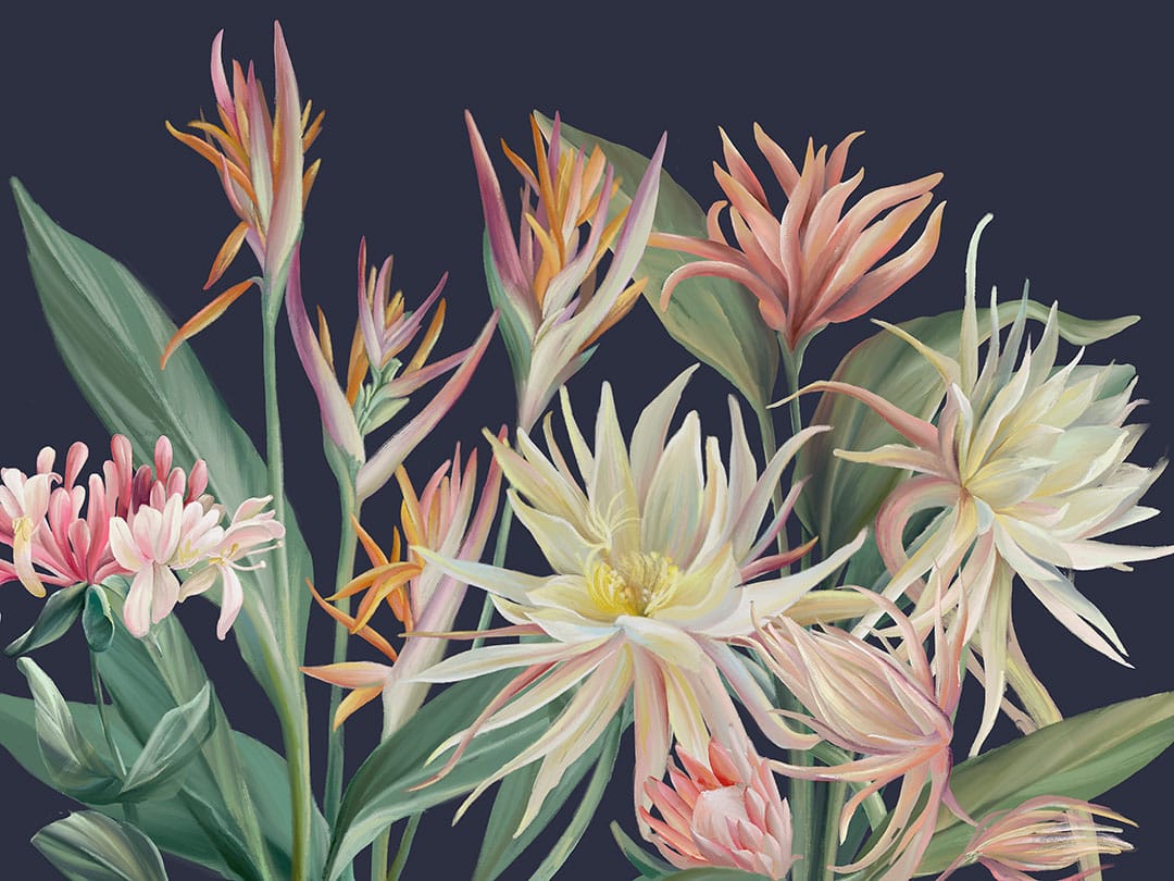 Wall mural with delicate tropical flowers on the navy blue background