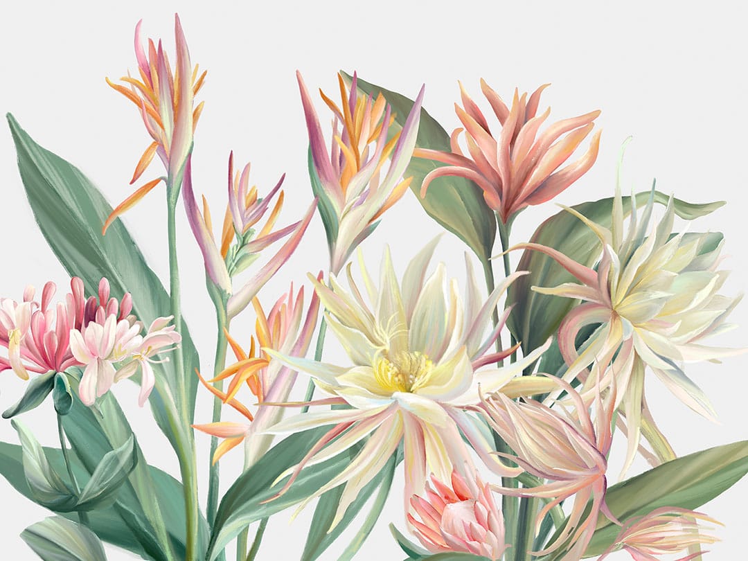 Wall mural with delicate tropical flowers on the white background