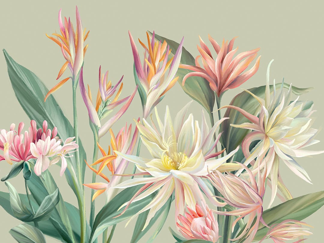Wall mural with delicate tropical flowers on the green background