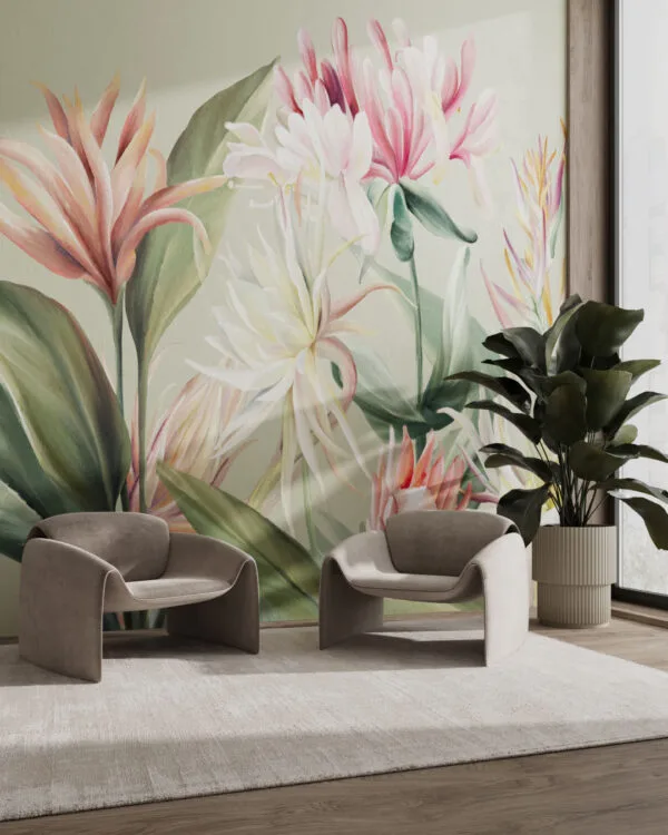 Wall mural with bright tropical flowers for living room