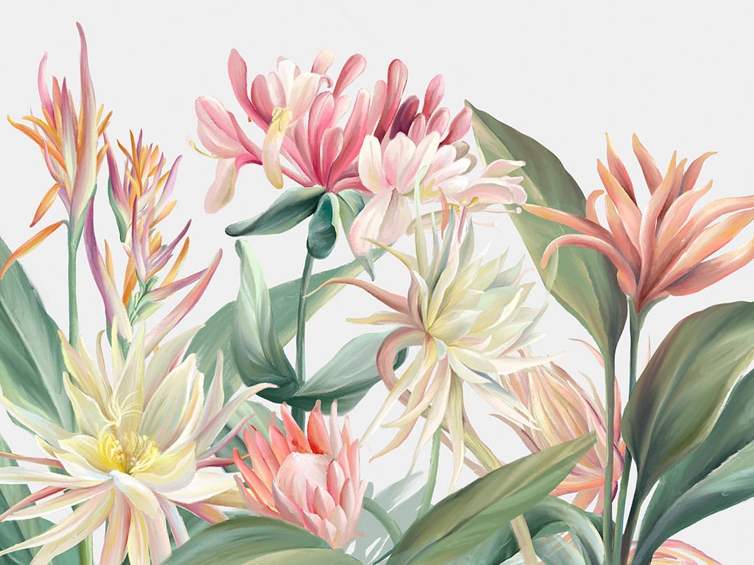 Wall mural with bright tropical flowers on the white background